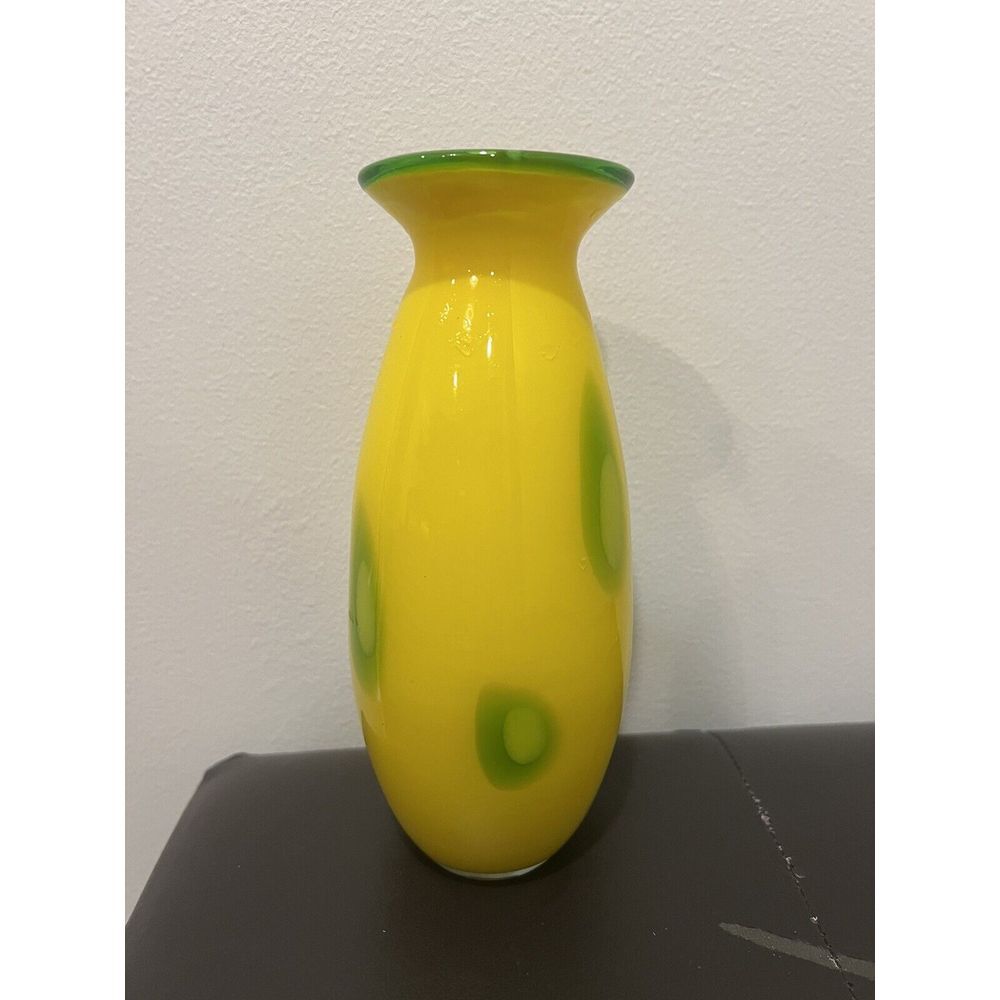 White Glass Vessel Cased in‎ Bright Yellow - Large Green Spots w/ Halos